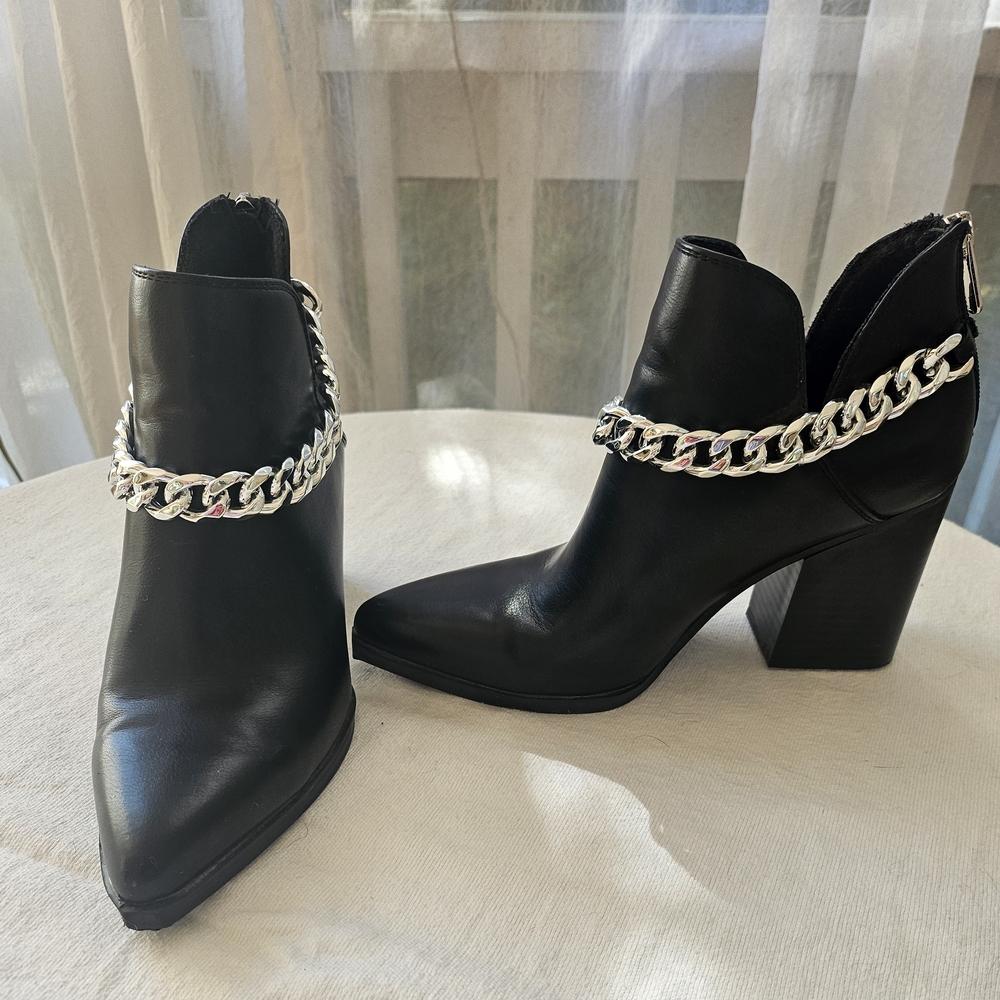 Black Leather Ankle Boots with Silver Chain